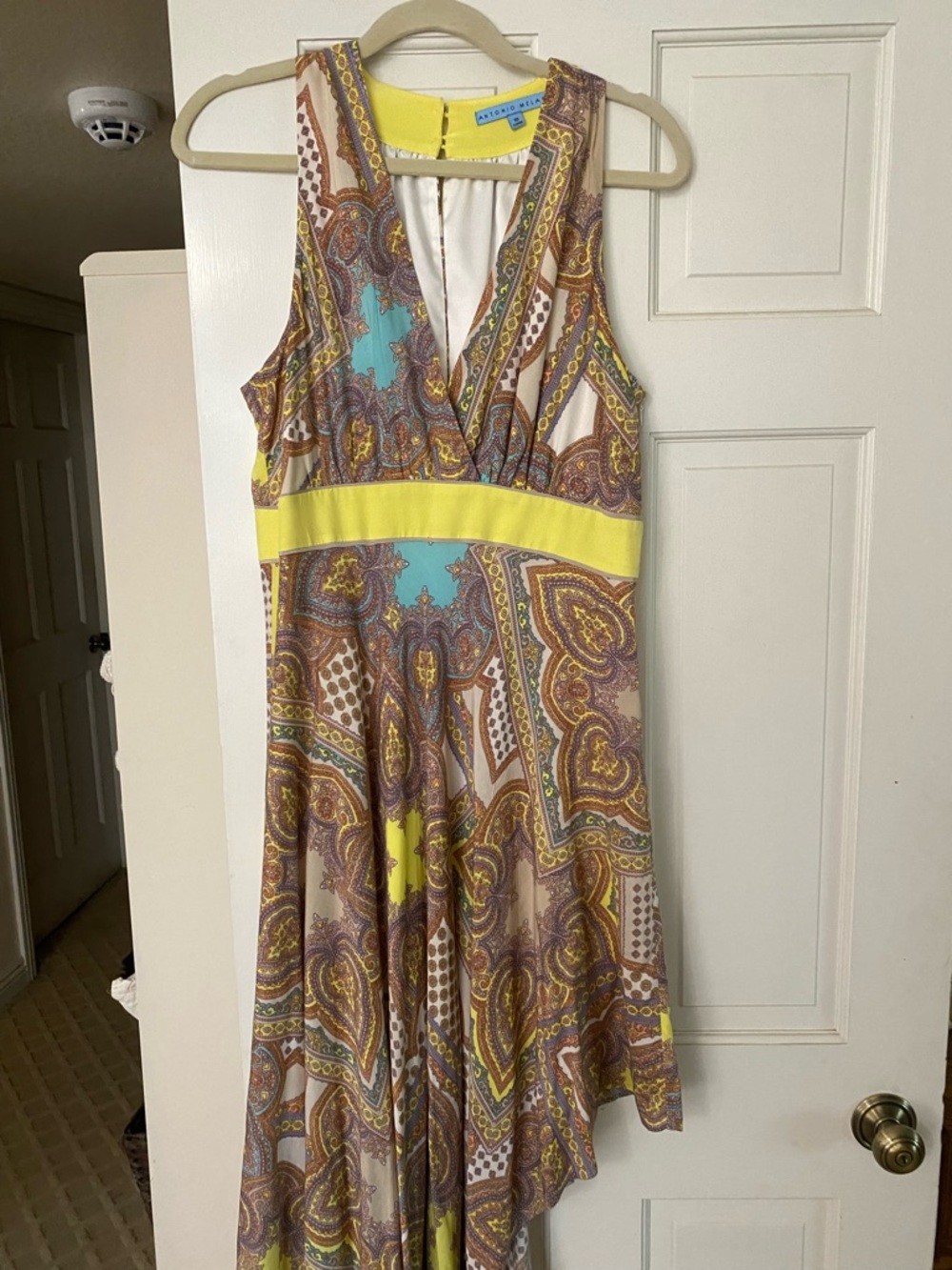 ANTONIO MELANI Paisley Sleeveless Wrap Dress in Yellow and Teal Accents